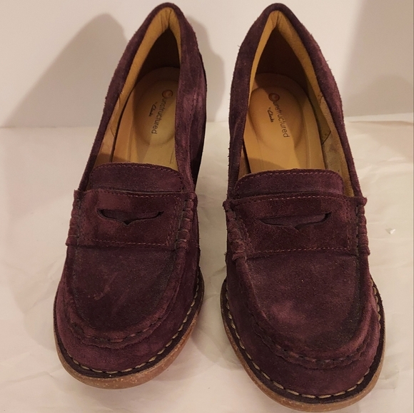 Unstructured by Clarks Carleta Belle Purple Suede Heeled Loafers in Size 8 M - Picture 2 of 11